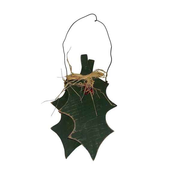 Primitive Holly Leaf Christmas Wall Hanging Rustic Wood Folk Art Decor - Picture 14 of 16